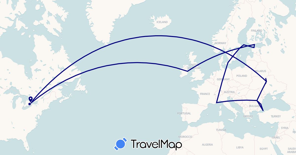 TravelMap itinerary: driving in Bulgaria, Canada, Denmark, Estonia, Finland, France, Ireland, Monaco, Romania, Sweden, Turkey, Ukraine (Asia, Europe, North America)